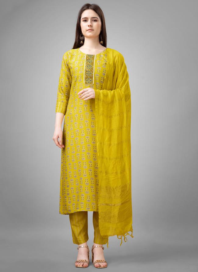 Rayon Yellow Casual Wear Embroidery Work Readymade Salwar Suit